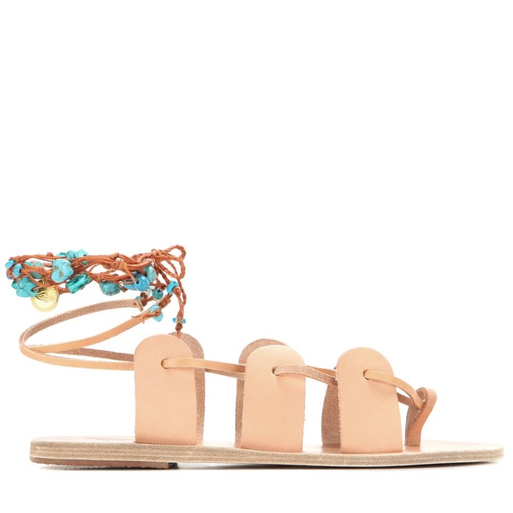 ANCIENT GREEK SANDALS BEIGE LEATHER BLUE BEADS TIE SANDALS SIZE 37